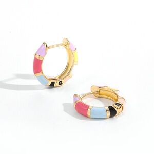 Gold Multicolor Enamel Hoop Earrings - Pink, Blue & Yellow